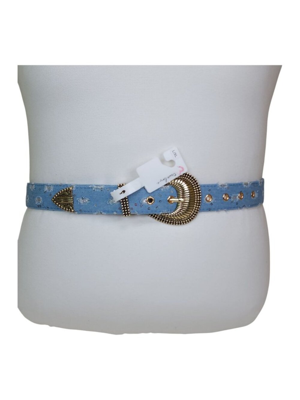 True Love L/XL Medium Blue Belt With Gold Studs & Sparkly Sequins 44" L x 1.5" W